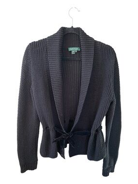 Lauren Ralph Lauren Black Cotton Knit Shawl Collar Cardigan Medium